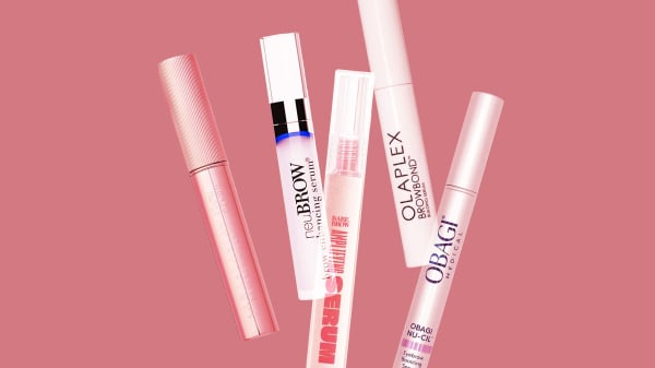 Image contains a collage for eyebrow growth serums on a pink background